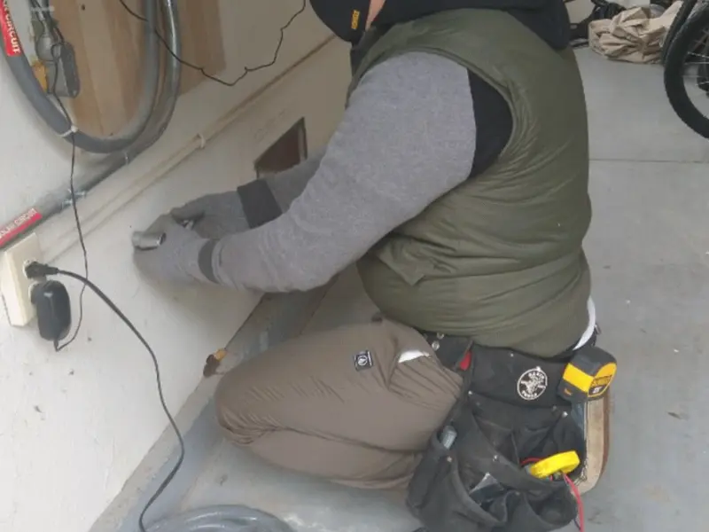 Electrician performing outlet wiring in a East Peoria garage